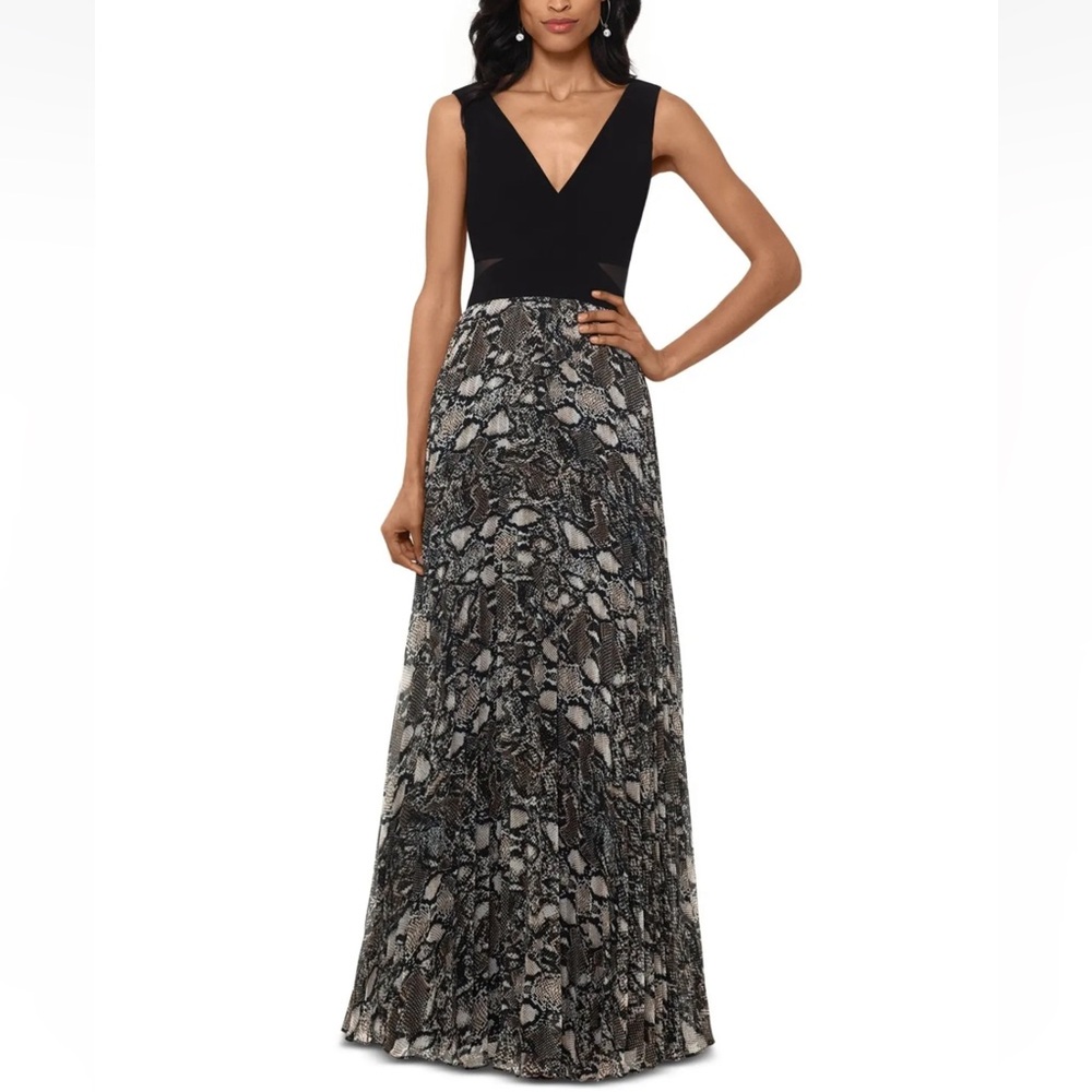 XSCAPE Womens Black Printed Sleeveless V Neck Full-Length Sheath Dress - Reemoly